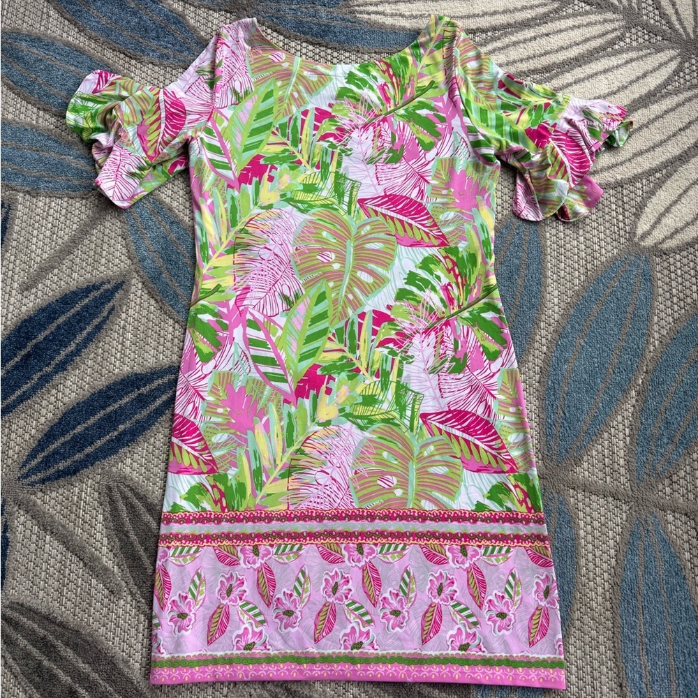 Pappagallo Women’s‎ Tropical Palm Ruffle Sleeve Shift Dress Size Medium Pink - Picture 2 of 5